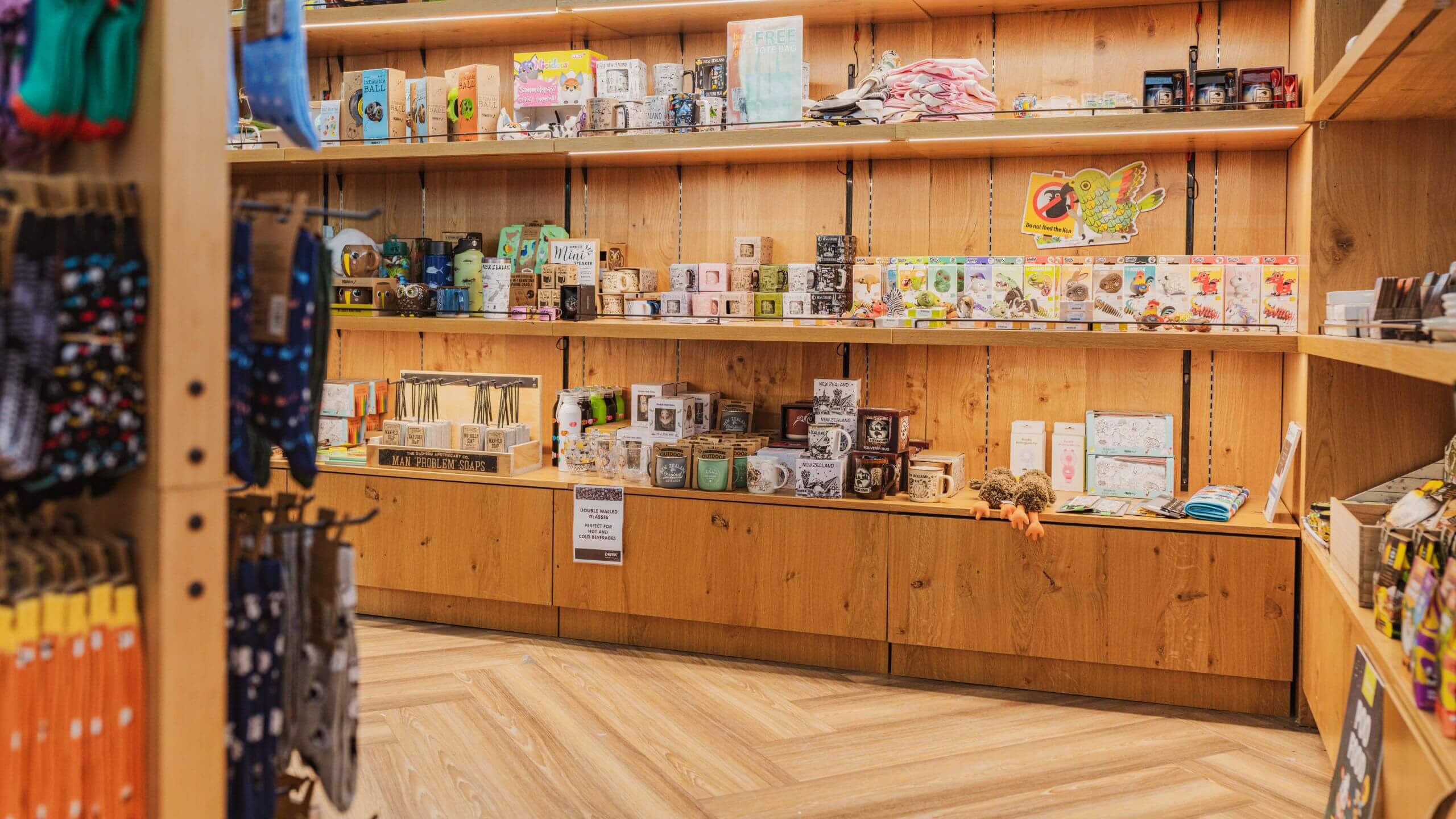 Shelves with gift shop products displayed in a store