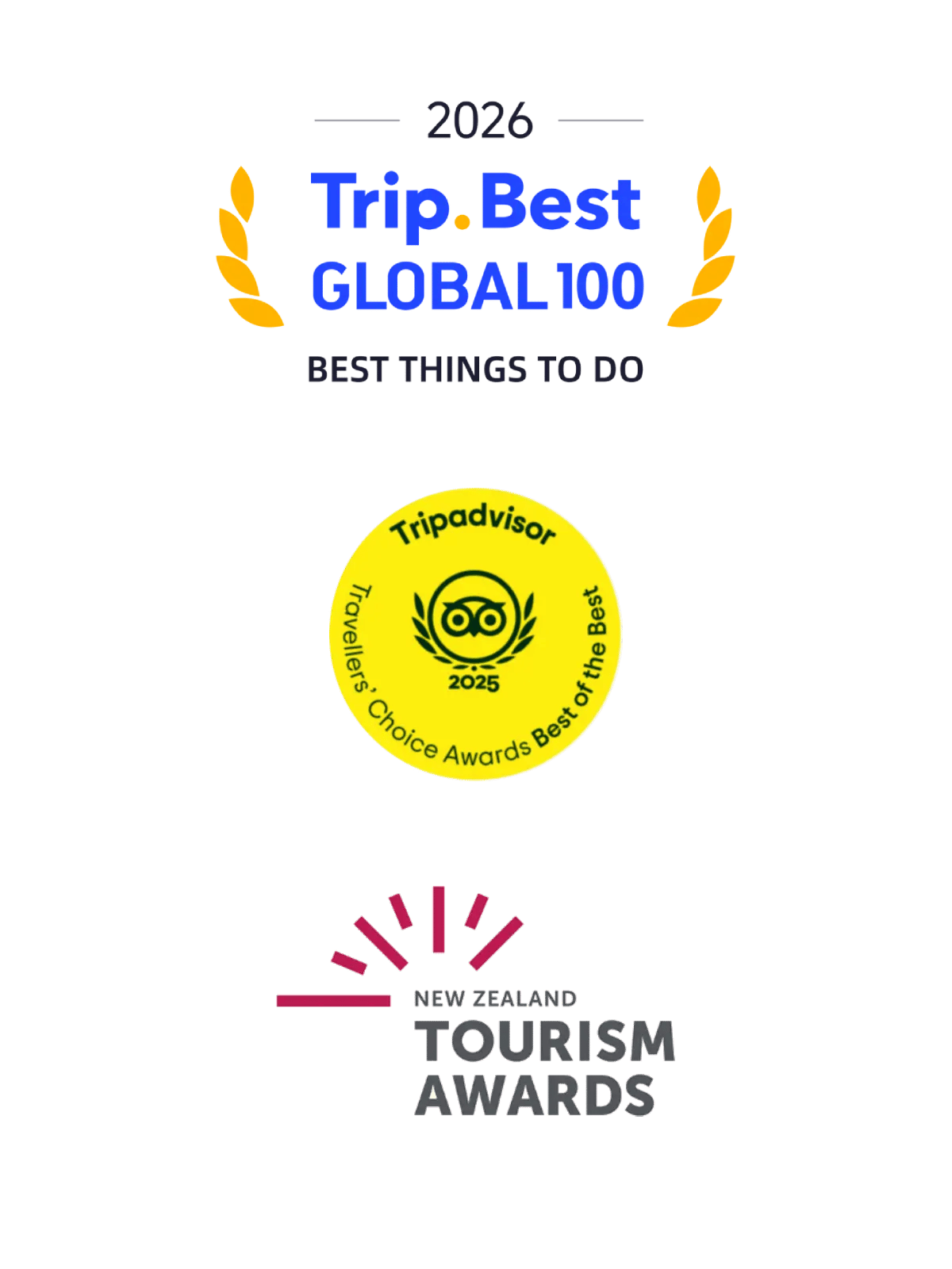 New Zealand Tourism Awards, TripAdvisor Travellers’ Choice 2025, and Trip.Best Top 100 Things to Do in the World 2026 award logos