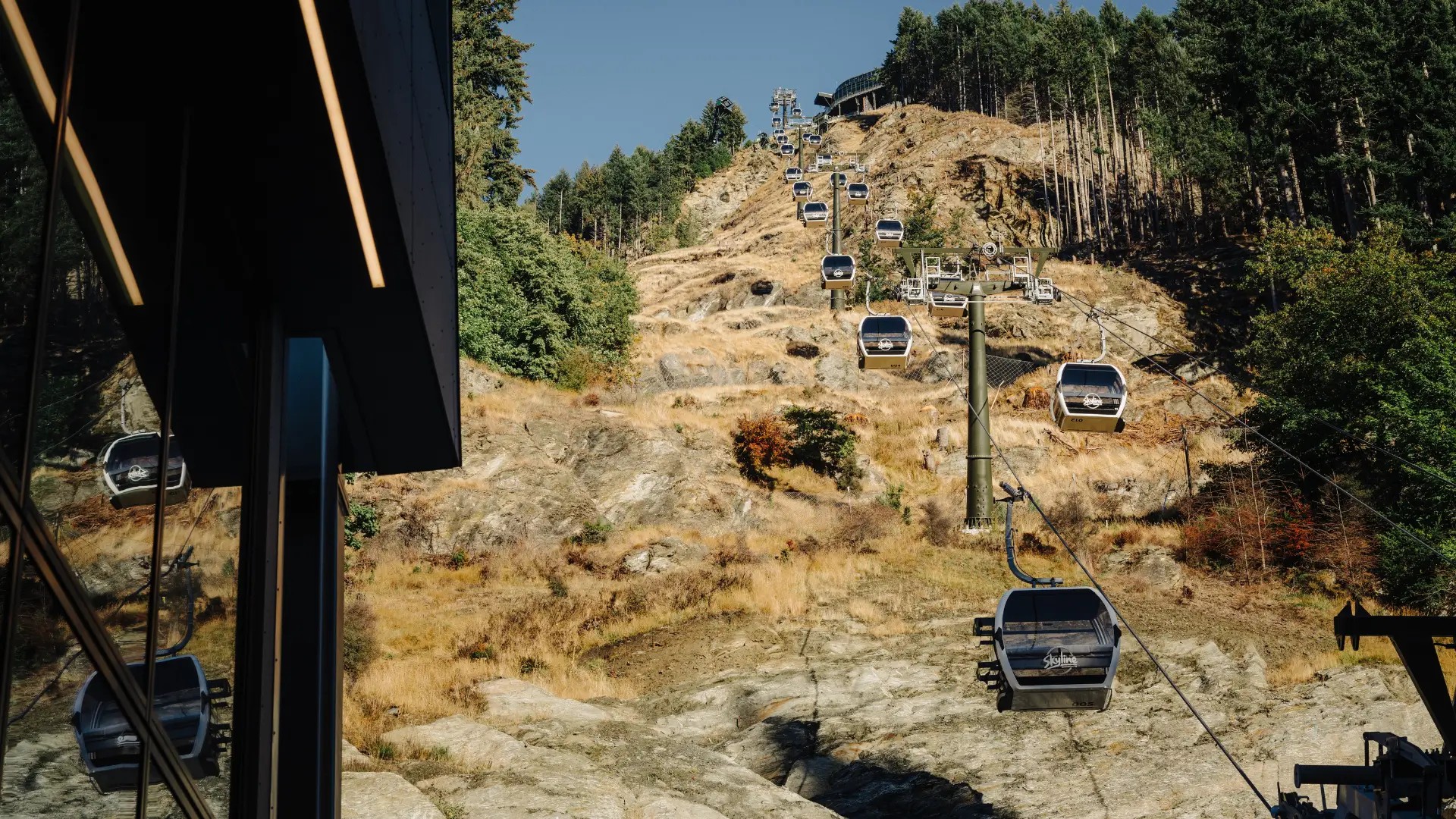 Skyline gondola ascending Bob’s Peak with partially cleared hillside and forest landscape in Queenstown