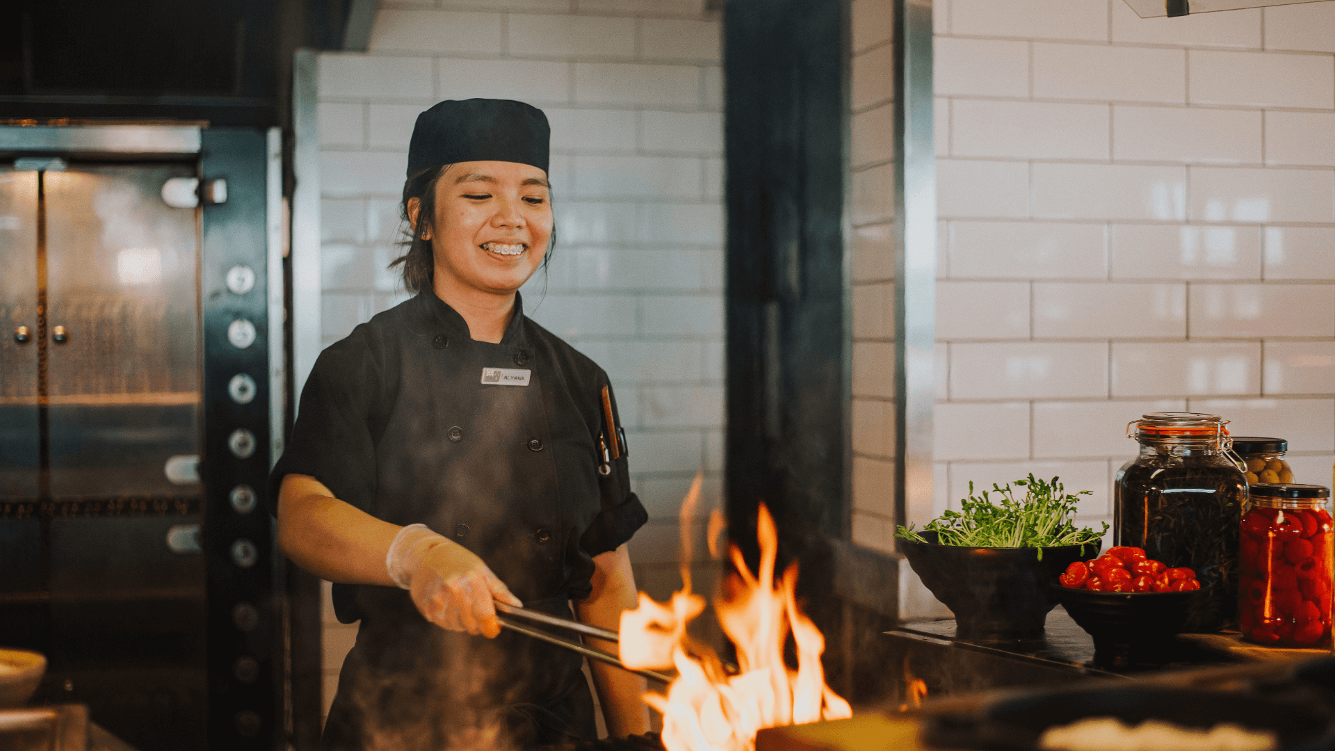 Stratosphere Restaurant Chef cooking over fire
